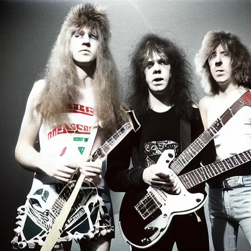 Prompt: Group of 19-year-old women holding electric guitars, long shaggy hair, permed hair, New Wave of British Heavy Metal, band promo photo, Diamond Head, Motörhead, Great Britain, 1981 photograph, 16mm photography