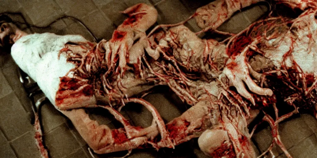 Prompt: filmic extreme wide shot dutch angle movie still 35mm film color photograph of a doctor's stomach sliced open, he is trying to hold his internal organs in place as they fall onto the floor in the style of a horror film The Thing 1982