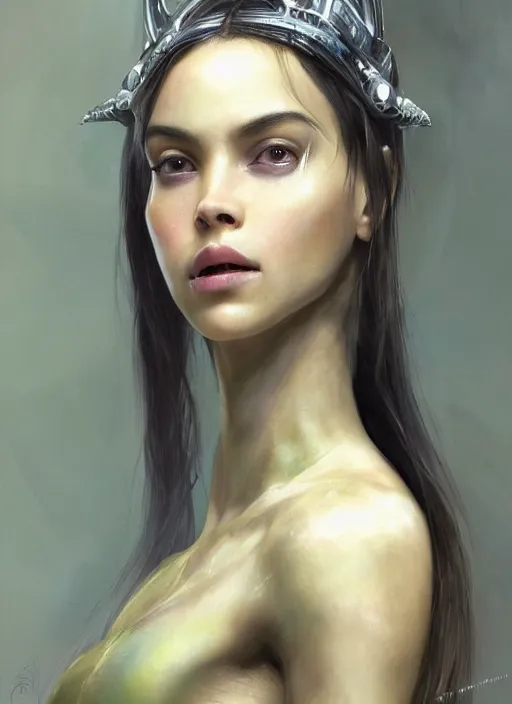 Image similar to a professional painting of a beautiful young female alien, clothed in ethereal armor, olive skin, long dark hair, beautiful bone structure, symmetrical facial features, intricate, elegant, digital painting, concept art, smooth, sharp focus, illustration, from Valerian and the City of a Thousand Planets, by Ruan Jia and Mandy Jurgens and Artgerm and William-Adolphe Bouguerea