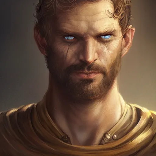 Image similar to a detailed matte head - on portrait painting of an middle - aged half - tiefling nobleman with golden eyes and short well kept hair, by charlie bowater, lise deharme, wlop, tending on arstation, dungeons and dragon, dnd, pathfinder, fanart, oil on canvas