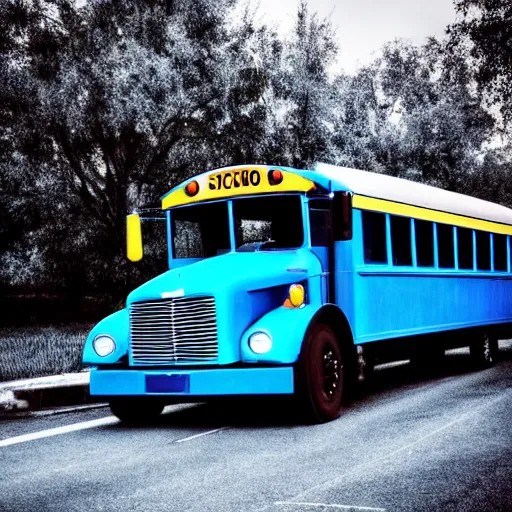 Prompt: A long shot photograph of a blue school bus, shot on iPhone 6, 2016