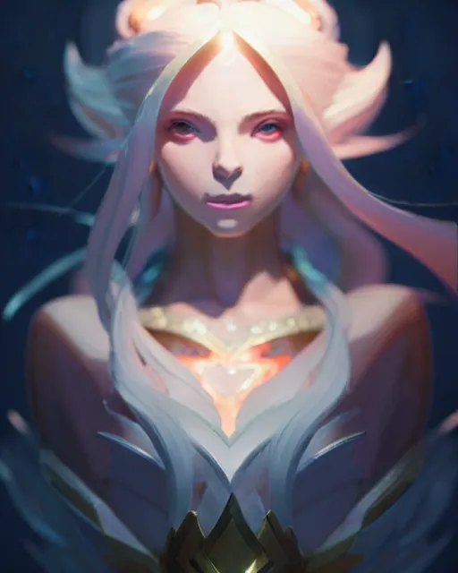 Image similar to lux from league of legends, detailed perfect face, exquisite details, fire magic, mid view, design on a white background, by studio muti, greg rutkowski makoto shinkai takashi takeuch studio ghibli