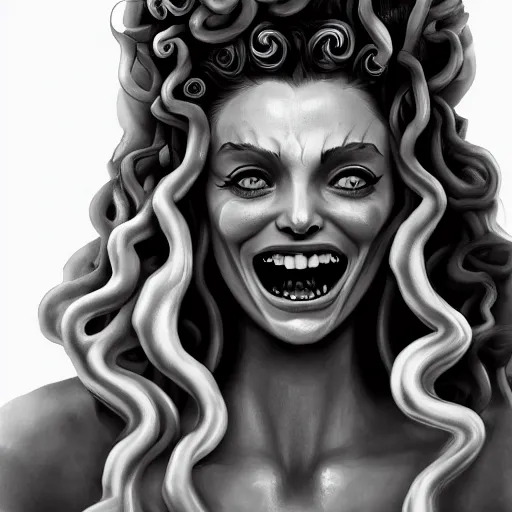 Image similar to medusa portrait painting, black and white, wicked grin, artstation, detailed, blurred background