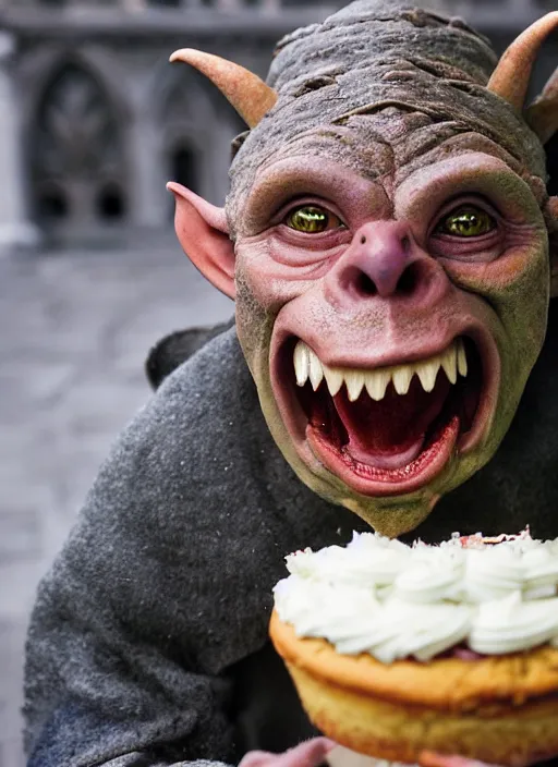 Image similar to closeup portrait of a medieval goblin eating cakes in the cloisters, depth of field, zeiss lens, detailed, symmetrical, centered, fashion photoshoot, by Annie Leibovitz and Steve McCurry, David Lazar, Jimmy Nelsson, Breathtaking, 8k resolution, extremely detailed, beautiful, establishing shot, artistic, hyperrealistic, beautiful face, octane render