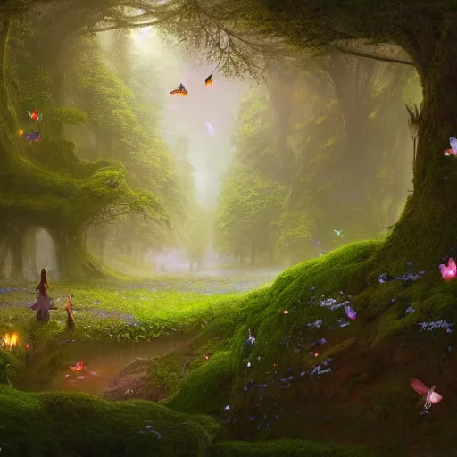 Prompt: a beautiful hyper realistic detailled matte painting of a serene forest of faeries, moss and flowers, butterflies by night, by moebius and john howe and albert bierstadt and alena aenami, unreal engine, trending on artstation, barometric projection, rectilinear