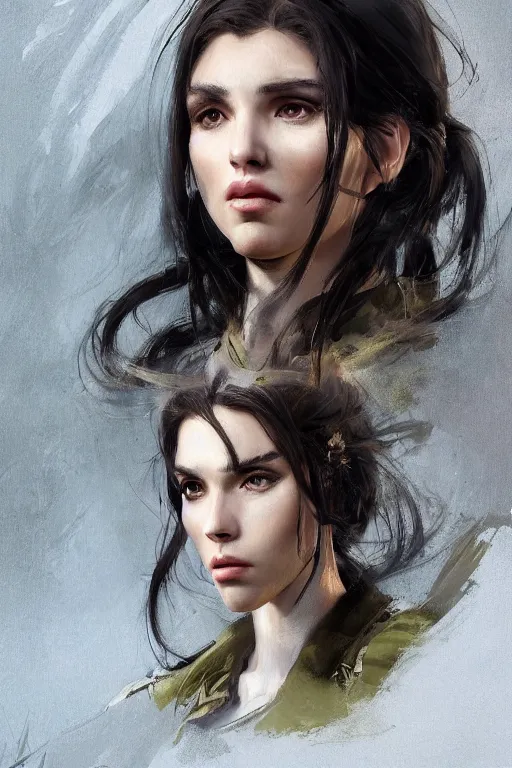 Image similar to a professionally painted portrait of an attractive young woman, clothed in military armor, olive skin, long dark hair, beautiful bone structure, symmetrical facial features, intricate, elegant, digital painting, trending on Artstation, concept art, smooth, sharp focus, illustration, from Metal Gear by Ruan Jia and Mandy Jurgens and Artgerm and William-Adolphe Bouguerea, award winning