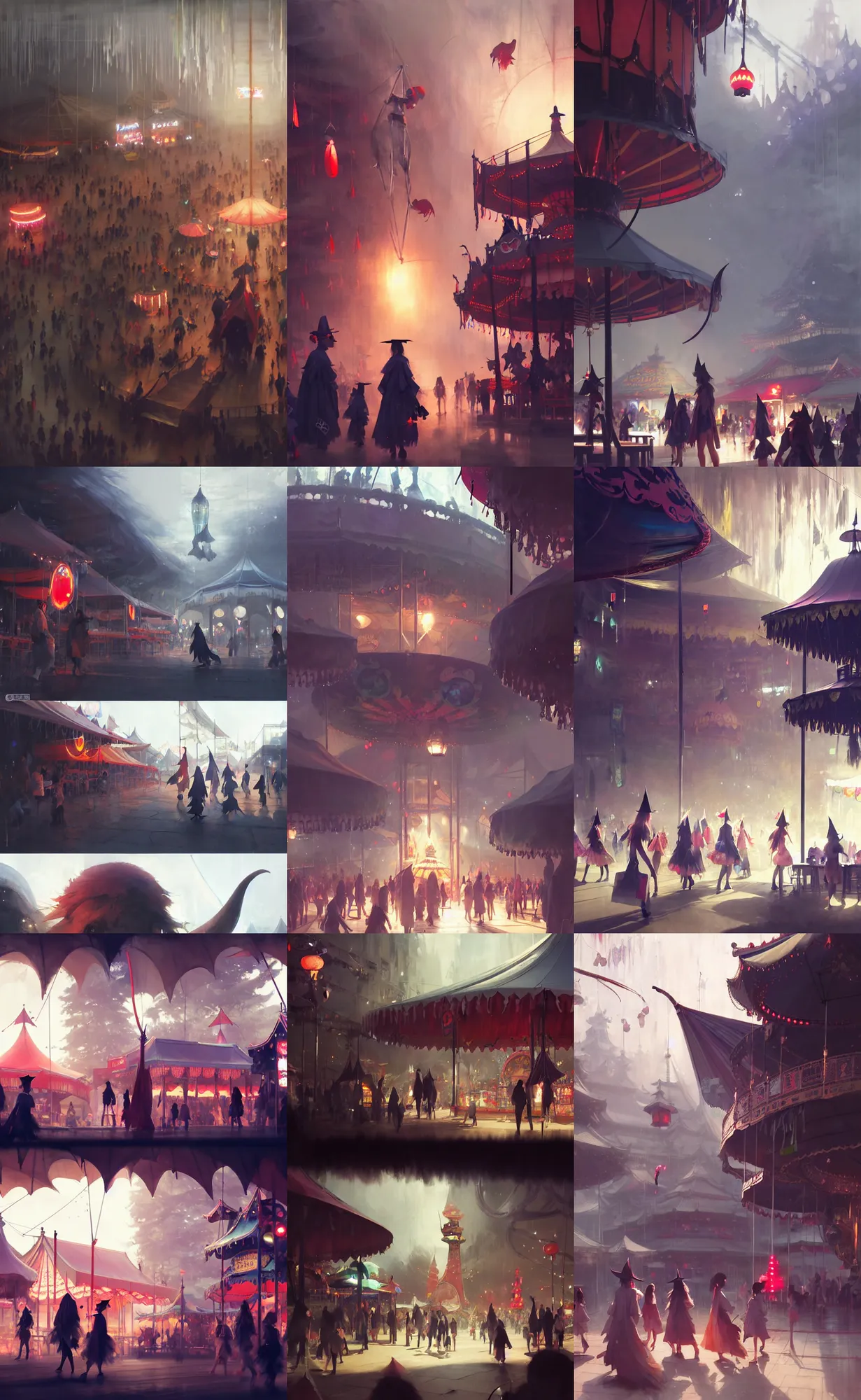 Prompt: close - up of student witches exploring and patrolling around a small carnival amusement, food stalls, big top circus tent, roaming entertainers, flashing lights, highly detailed, magical, japan mountains, digital painting, concept art, matte, art by ruan jia and wlop and greg rutkowski and makoto shinkai, masterpiece