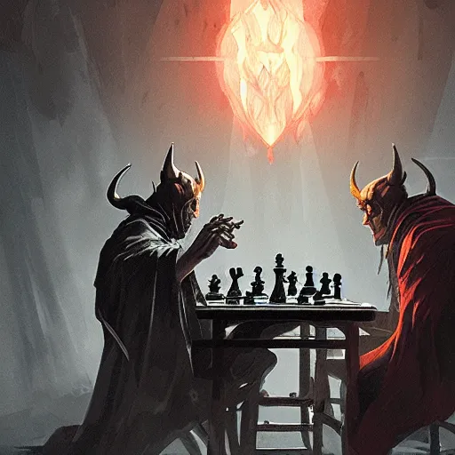 Image similar to playing a game of chess with the devil, fantasy illustration, by greg rutkowski