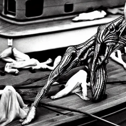 Image similar to an alien crawling on a boat. in the style of junji ito. photograph from horror film.