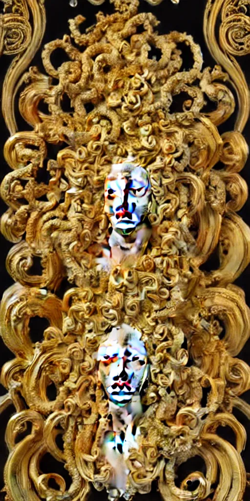 Image similar to the source of future growth dramatic, elaborate emotive Golden Baroque and Rococo styles to emphasise beauty as a transcendental, seamless pattern, symmetrical, large motifs, versace medusa logo, bvlgari jewelry, rainbow liquid splashing and flowing, Palace of Versailles, 8k image, supersharp, spirals and swirls in rococo style, medallions, iridescent black and rainbow colors with gold accents, perfect symmetry, High Definition, photorealistic, masterpiece, smooth gradients, high contrast, 3D, no blur, sharp focus, photorealistic, insanely detailed and intricate, cinematic lighting, Octane render, epic scene, 8K