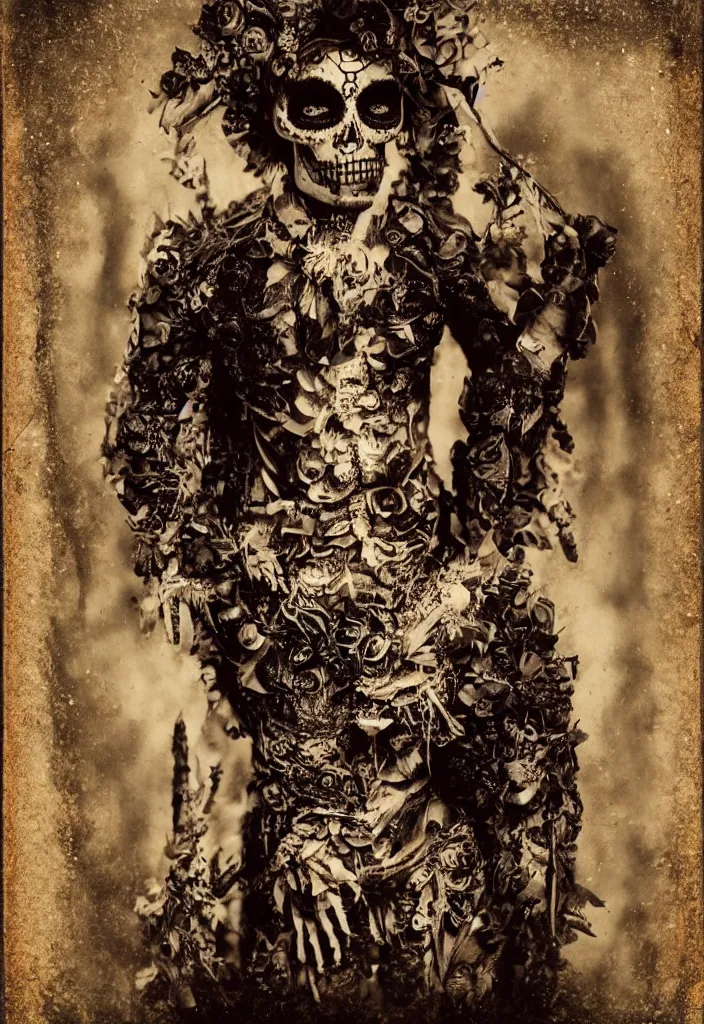 Prompt: tintype full body view, man in dia de muertos suit and make up, horrific beautiful vibe, evocative, atmospheric lighting, painted, intricate, highly detailed,