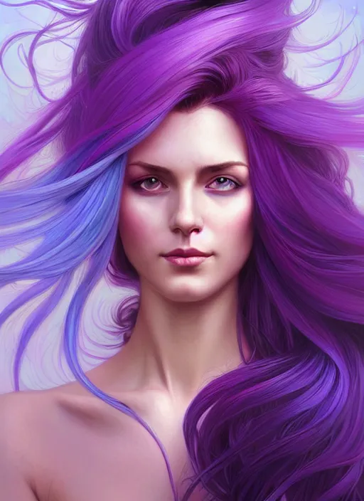 Image similar to Portrait of a woman with bright colored flying hair, all shades of purple. Hair coloring, amber eyes, face, long hair, fantasy, intricate, elegant, highly detailed, digital painting, artstation, concept art, smooth, sharp focus, illustration, art by artgerm and greg rutkowski and alphonse mucha