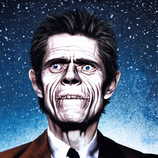 Image similar to willem dafoe face in the night sky, ominous, spooky, cinematic, hyperrealistic