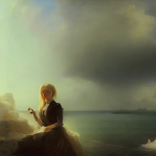 Image similar to a striking hyper real painting of Elle Fanning with cybernetics by Ivan Aivazovsky Buchholz