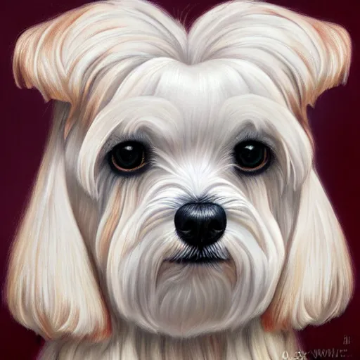 Prompt: intricate five star maltese dog portrait by casey weldon, oil on canvas, hdr, high detail, photo realistic, hyperrealism, matte finish, high contrast, 3 d depth, centered, masterpiece, vivid and vibrant colors, enhanced light effect, enhanced eye detail, artstationhd