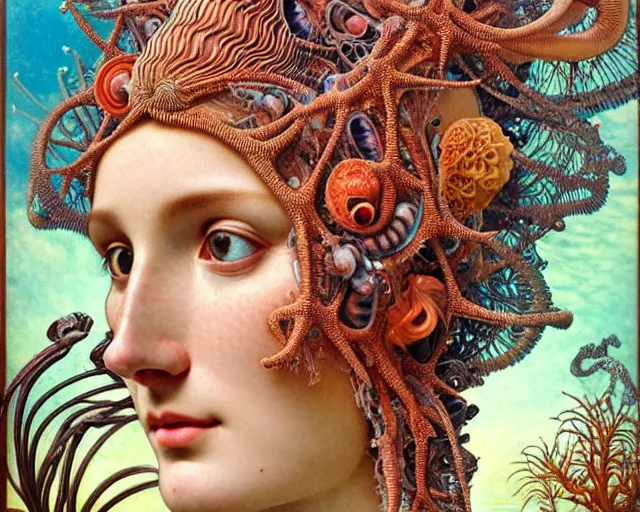 Image similar to hyperrealistic detailed face side portrait of the beautiful goddess of the fish skeletons with an intricate headgear of corals, sea kelp, sea plants, fish, starfish, jellyfish, art by ernst haeckel, john william godward, android jones, alphonso mucha, h. r. giger, gothic - cyberpunk, ornamental, beautiful deep colours,