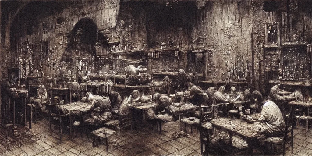 Prompt: busy tavern scene by Beksinski, Luis Royo