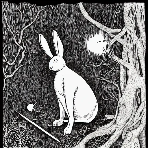 Prompt: precisely drawn, fine detailed, intense line work, drawing of a white bunny smoking a big cigarette in the deep tangled forest, by edward gorey, 3 d isotmetric, black ink on white paper