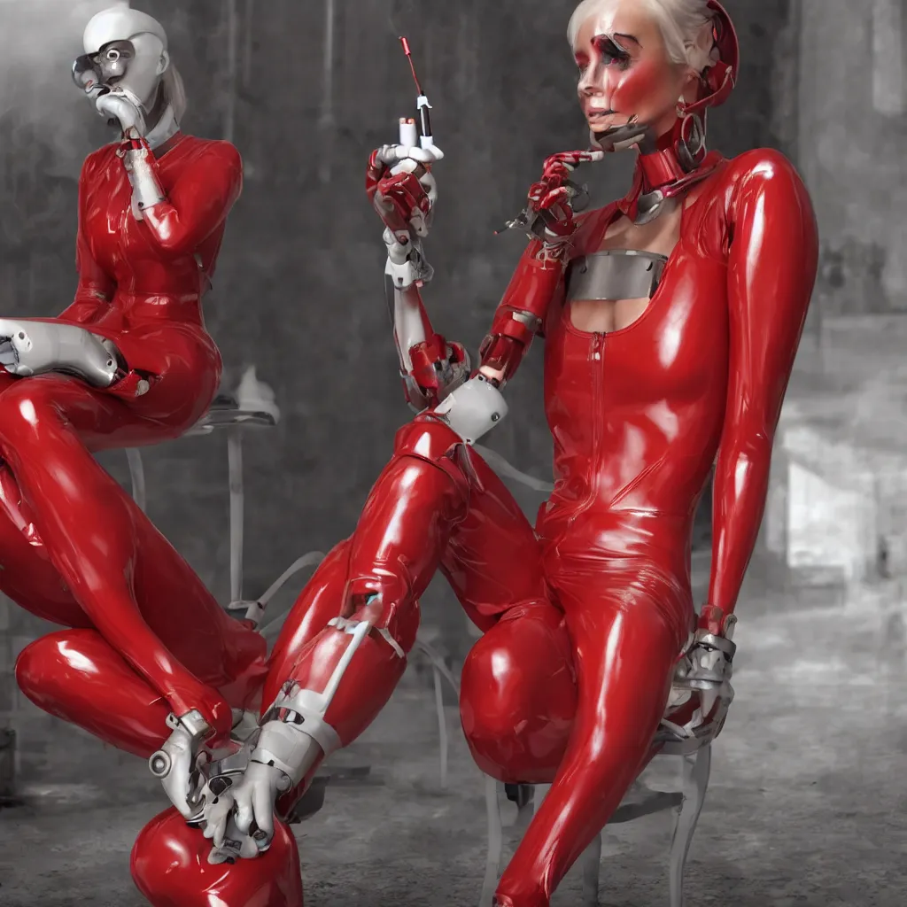 Image similar to a beautiful female cyborg is wearing red latex jumpsuit, sitting down smoking a cigarette, as her mechanical body is slowly shutting down. hyper realistic, octane render, 8 k resolution