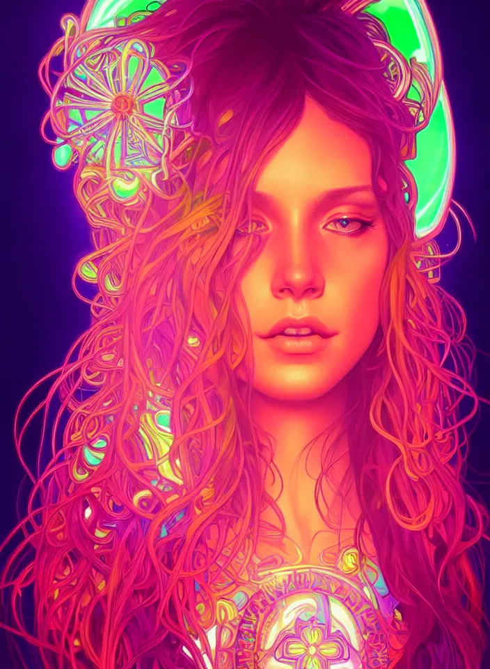 Image similar to symmetry!! portrait of hippie girl, neon glowing lights!! psychedelic, intricate, elegant, highly detailed, digital painting, artstation, concept art, smooth, sharp focus, illustration, art by artgerm and greg rutkowski and alphonse mucha, 8 k