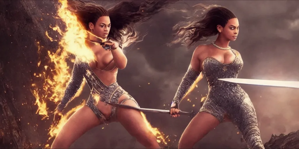 Prompt: a beautiful cinematic image of a beyonce wielding a sword, cinematic, 4k, realistic, anime artwork, rtx, hyperrealistic, unreal