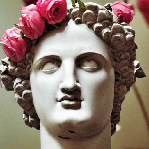 Image similar to portrait of a greek statue covered in roses, by julia pott