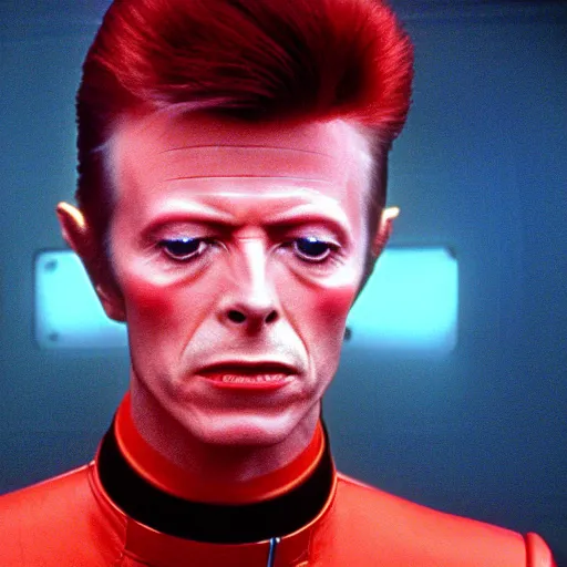 Image similar to film still of David Bowie as David Bowman in 2001 a space odyssey, 4k