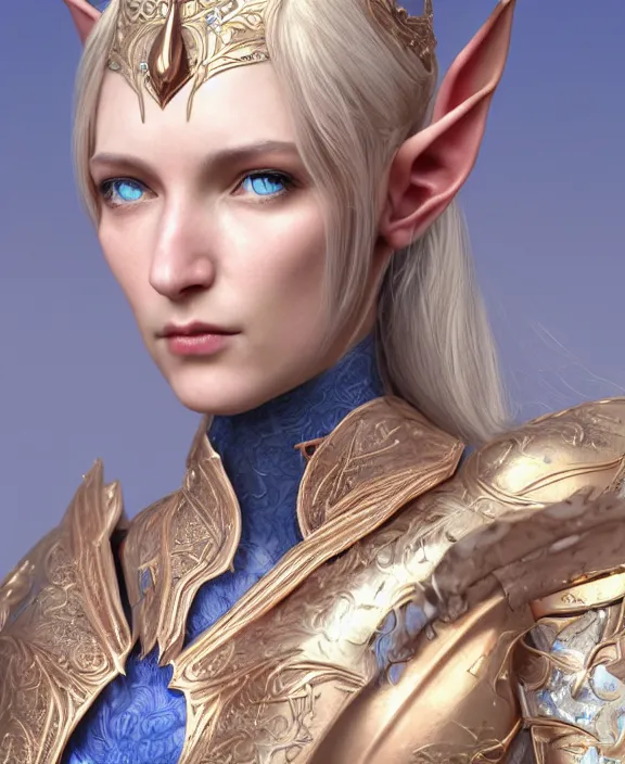 Prompt: a beautiful and highly detailed digital portrait of a regal elf with long blue windswept hair in a rose gold breastplate by artgerm, nina tryggvadottir, and lu ji, centered, artsation contest winner, cgsociety, fantasy art, cryengine, concept art, photorealism, daz 3 d, sketchfab, zbrush, vray