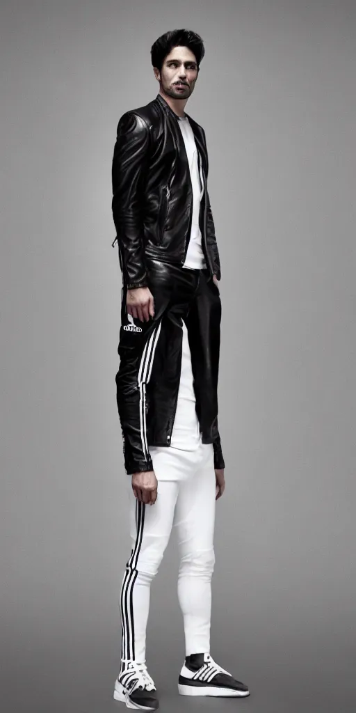 Image similar to full body photo. extreme long shot. man in black leather jacket and white!!! adidas!!! pants!!!. serious face. studio photo