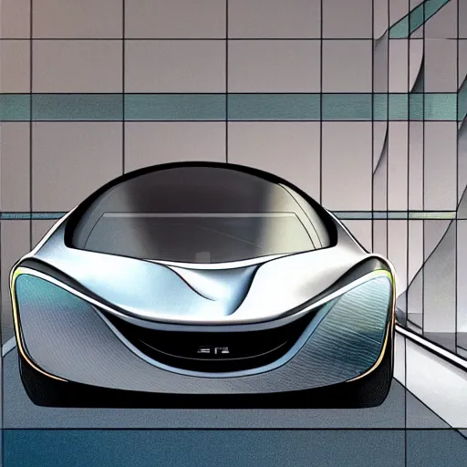 Image similar to sleek autonomous vehicle, designed by Zaha Hadid, parked by an oasis, line art illustration, muted colours