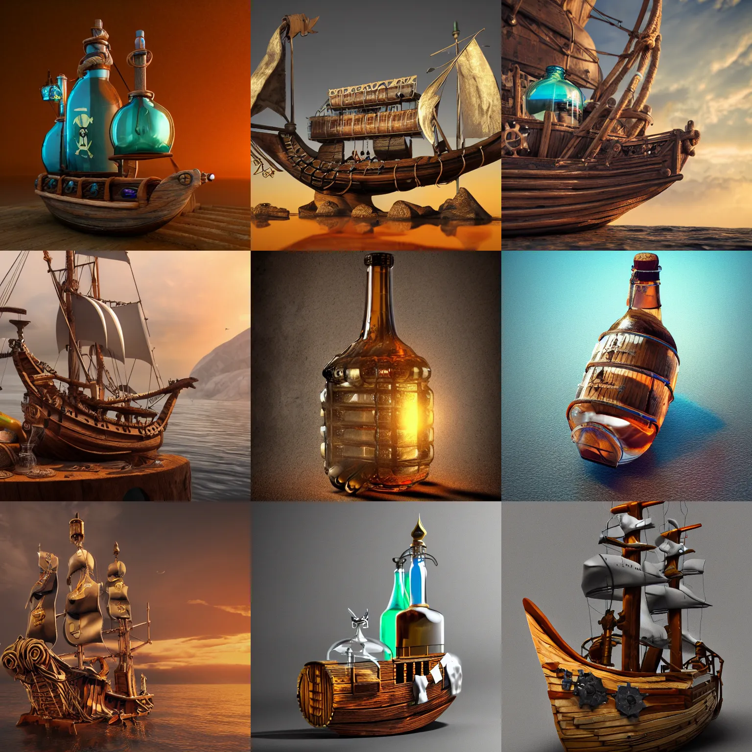 Prompt: a pirate ship in the bottle, glass bottle, hyper detailed, 3d render, RTX, trending on artstation, smooth defined edges, sharp focus, 4k