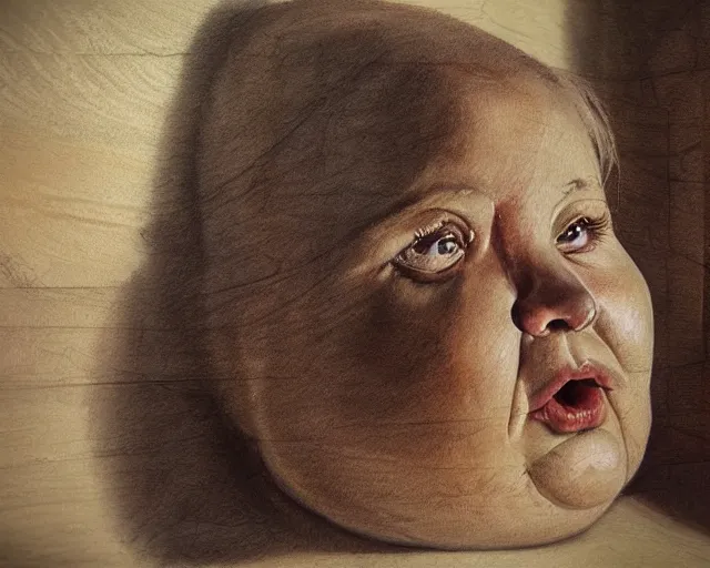 Image similar to an innocent and beautiful scene in hyper realistic style, watercolor and pen oily drawing on wood, of a fat old woman is sculpting a huge baby's head on the wall, lighting from the barred window. shadows. 4 k. wide angle. wild mood. red mouth, blue eyes. deep focus, lovely scene. ambient occlusion render. unreal engine.