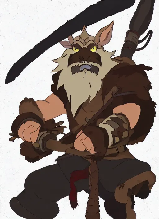 Image similar to bugbear ranger, black beard, dungeons and dragons, hunters gear, flames, character design on white background, by studio ghibli, makoto shinkai