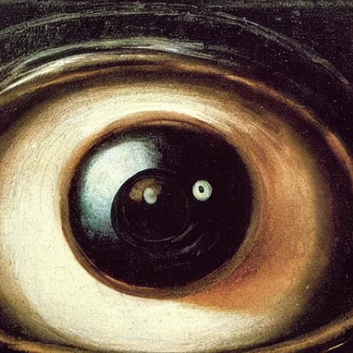 Prompt: a portrait of a single macabre realitic eyeball by caravaggio. impressionism