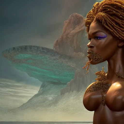 Image similar to zendaya as a dark - skinned la sirene haitian mermaid goddess, ultra realistic, concept art, intricate details, highly detailed, photorealistic, octane render, 8 k, unreal engine, art by frank frazetta, simon bisley, brom