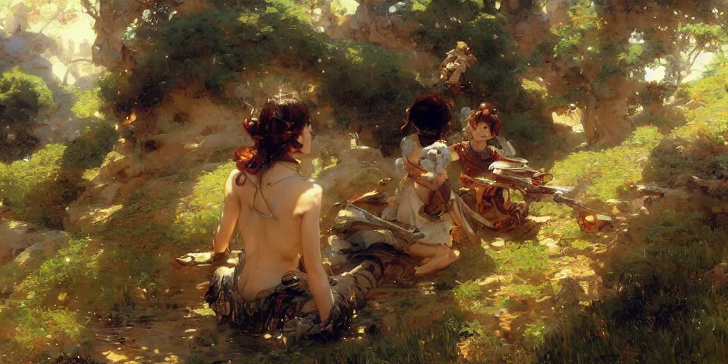 Image similar to cute anime landscape painting by gaston bussiere, craig mullins, j. c. leyendecker