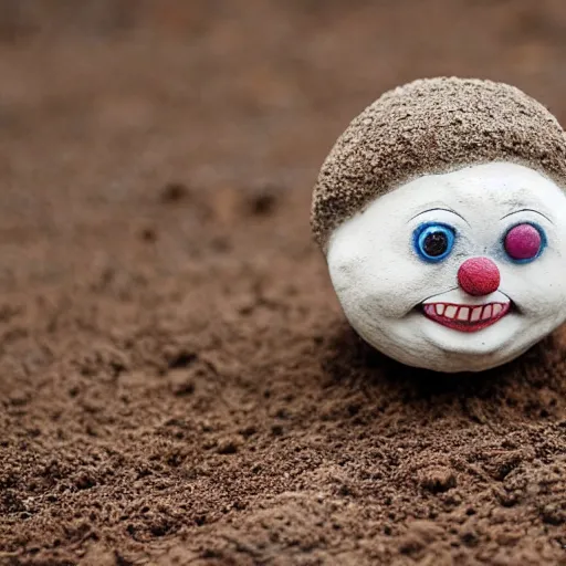 Image similar to photo of a small round creature made of dirt with round blue eyes and a round clown nose and a cute smile