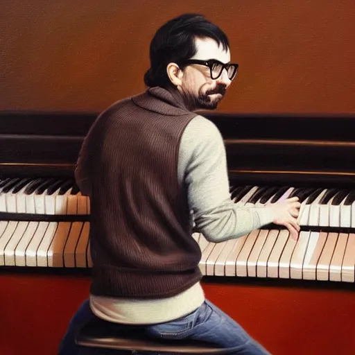 Image similar to An Oil Painting of the back view of Rivers Cuomo in a sweater with long hair and a mustache masterfully playing the piano, hyperrealistic, extremely realistic, highly realistic, HD Quality, 4k resolution, 8k resolution, Detailed, Very Detailed, Highly Detailed, Extremely Detailed, Intricate Details, Real, Very Real, Oil Painting, Digital Painting, Painting, Trending on Deviantart, Trending on Artstation