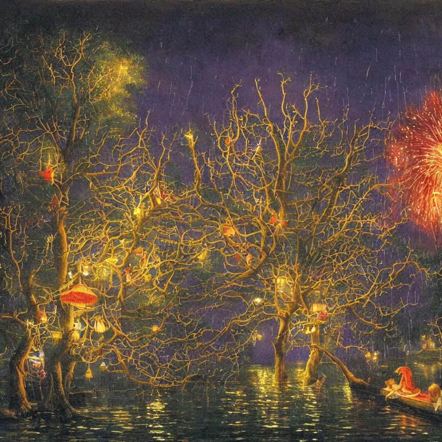 Prompt: closeup of a night carnival around a magical in a summer storm, tree cavity with a music scenario with many fireworks and christmas lights, next to a lake with iridiscent lake water, volumetric lightning, folklore people disguised with fantastic creatures in a magical forest by summer night, masterpiece painted by paul gustav fischer, scene by dark night environment, refraction lights, five star stories