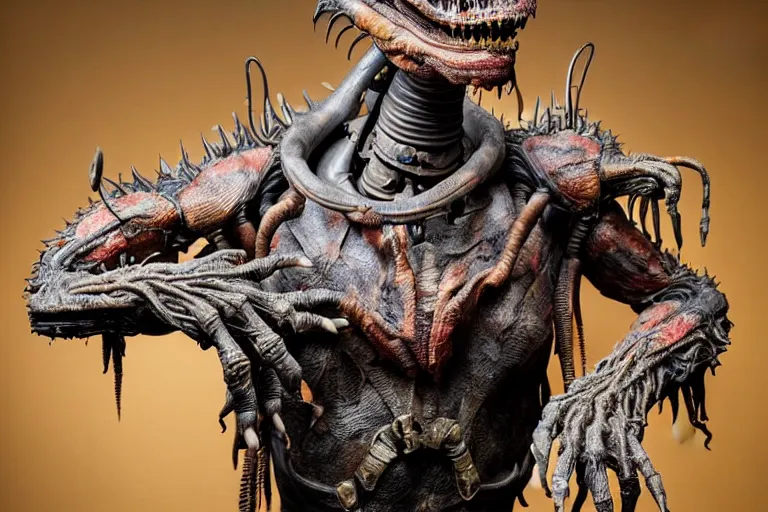 Image similar to photo taken of an epic intricate, ultra detailed, super realistic gritty, hero prop, exquisitely weathered animatronic movie prop of a lifelike sculpture of a nightmarish creature displayed in the workshop, created by weta workshop, full body shot, photorealistic, sharp focus