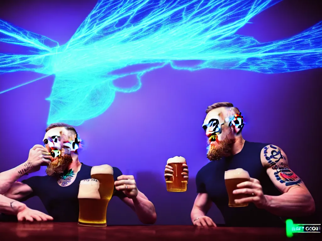 Image similar to conor mcgregor drinking a beer in an irish pub, laser show with blue cloud patterns, well framed, neon standup bar, trending on art station, in the style of the movie heat with al pacino, volumetric lighting & shadows, digital art, unreal engine, 4 0 0 mm f 1. 2,