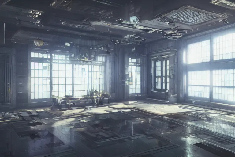 Prompt: cyberpunk workshop, liminal space, high detail, rendered in unreal engine, 3d render, god rays, volumetric lighting, mansion, interior, large windows, rich house