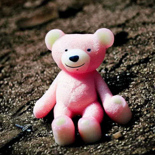 Prompt: realistic photograph of a cute pink teddy bear under a shower of gummy candies, outdoor, noontime, 85mm