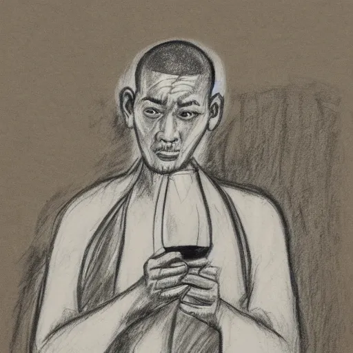 Prompt: pencil sketch of a monk pondering a glass of wine