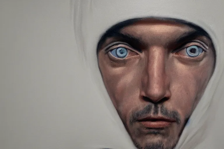 Image similar to frank the ai painter self portrait, detailed eyes, photorealistic