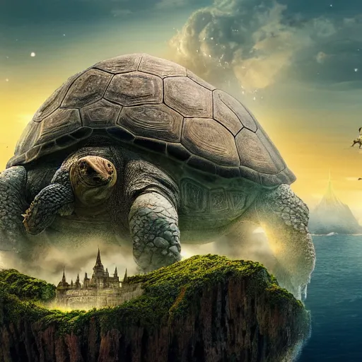 Image similar to giant tortoise with a large fantasy castle rising from the top of it, distant shot birds eye view, fantasy, hyper detailed, 4 k, howls moving castle, mortal engines, kaiju,