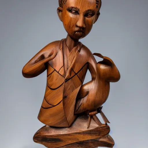 Prompt: wooden sculpture of a mixed race man holding a rooster, polished maple, thoughtful, elegant, real