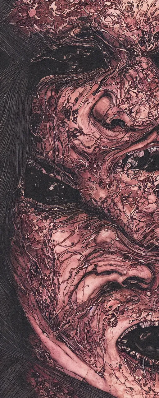 Prompt: closeup of face melting in agony, inside dark oil, frontal picture, by yoichi hatakenaka, masamune shirow, josan gonzales and dan mumford, ayami kojima, takato yamamoto, karol bak