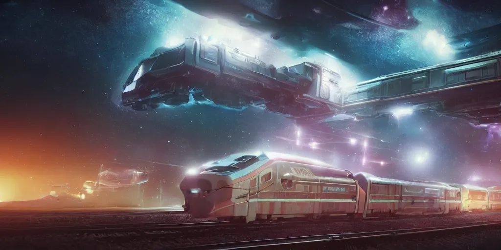 Image similar to inter dimensional sci - fi train far future, travelling across the stars, cosmos, galaxy, concept art, dreamy, render by octane and blender, hyper realistic, cinematic lighting, unreal engin 5, by dominic mayer, 8 k, vray render, artstation, deviantart