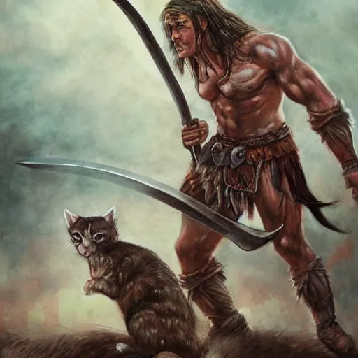 Prompt: highly detailed fantasy art of a weak and skinny conan the barbarian fighting a malnourished kitten